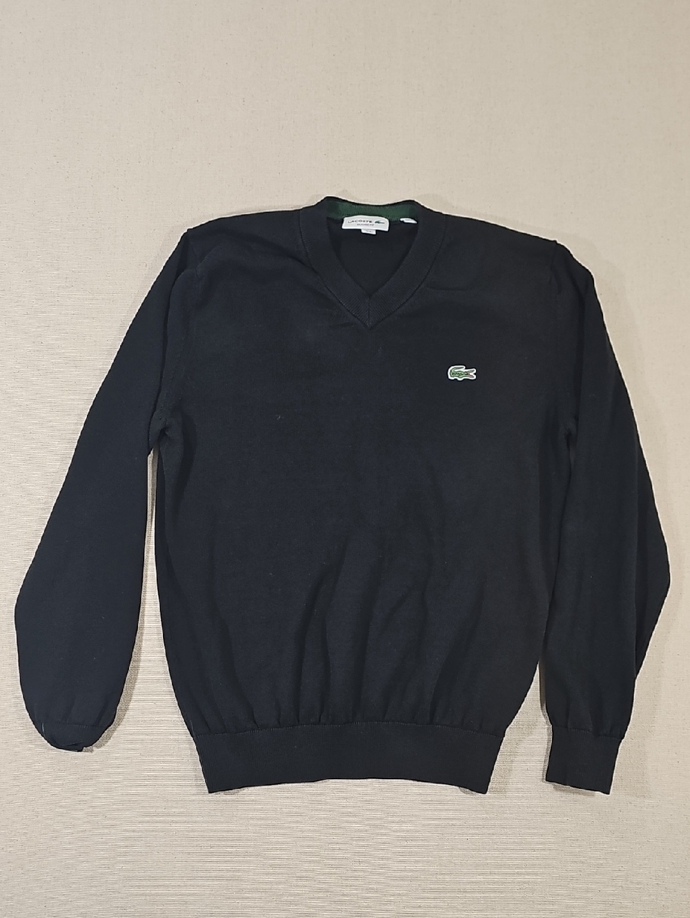 Lacoste Black V-Neck Sweater with Green Croc Emblem Medium